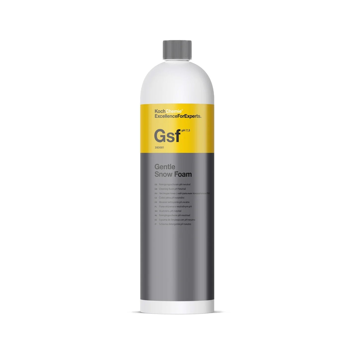 Gentle Snow Foam van Koch Chemie: pH-neutraal reinigingsschuim met kersengeur. Geschikt voor Snow Foam voor het voorwassen met schuimpistool of schuimspuit, en als shampoo voor handmatig wassen. Ontwikkelt een gelijkmatige schuimdeken voor langdurige inwerktijd. Veilig voor oppervlakken met was of sealer. Kan verrijkt worden met Koch-Chemie Green Star voor actief schuim