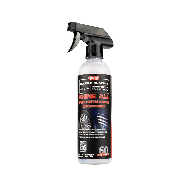 P&S Shine All Performance Dressing is a versatile product designed for superior tire dressing and interior surface conditioning. It enhances the appearance of vehicles with a glossy finish and can be used on leather, rubber, vinyl, and plastic surfaces